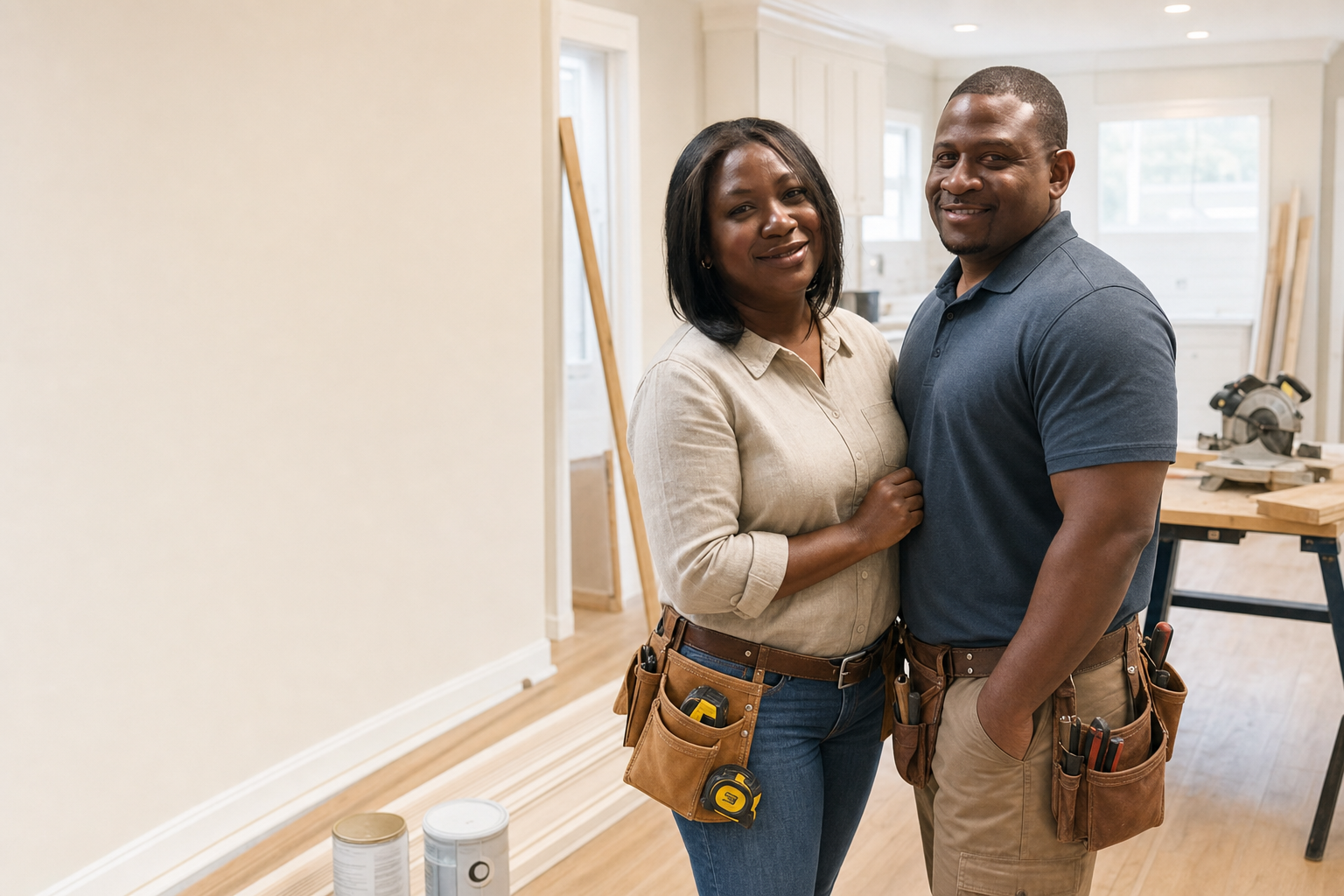 E & C Carpentry husband-and-wife team standing in a bright home renovation space